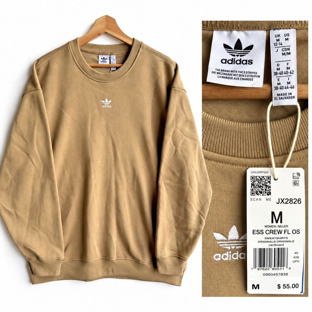 NWT adidas Originals Women M Essentials Fleece Crewneck Sweatshirt Tan Oversized